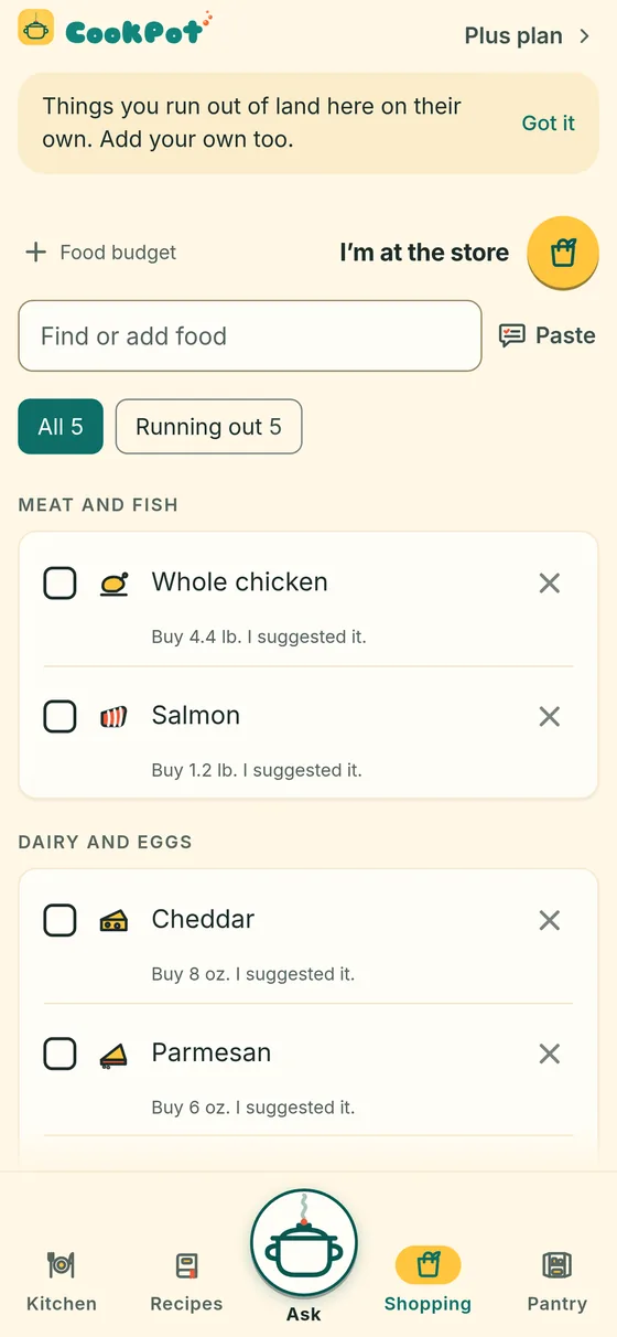 CookPot’s shopping list for the week: what each planned dinner still needs