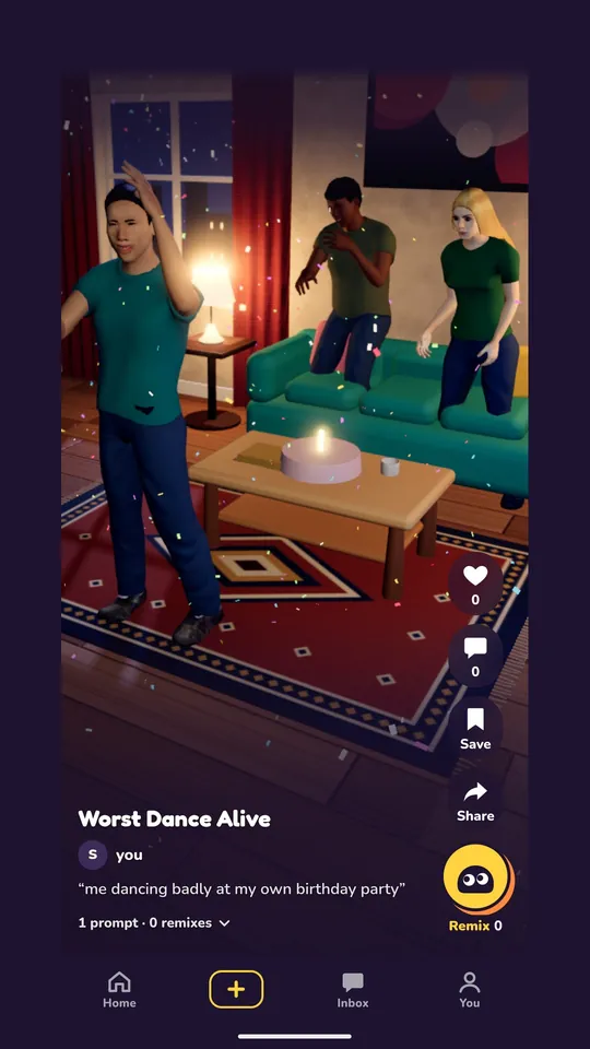a finished notween scene, Worst Dance Alive: three cartoon people dancing in a living room, made from the line "me dancing badly at my own birthday party"