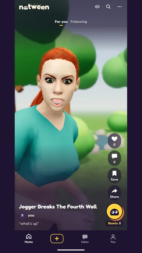 the full-screen feed: a cartoon jogger staring at the camera, with like, comment, save, share and remix buttons