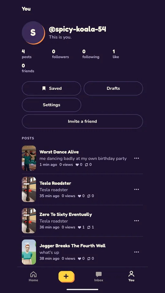 a profile: posts, followers and friends, with the scenes this person has made