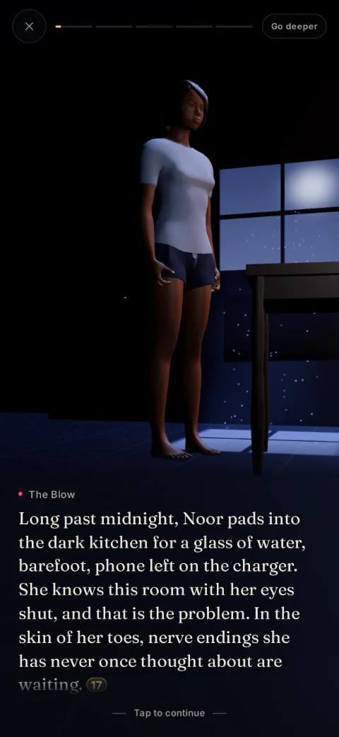Noor standing barefoot in a dark kitchen at night beside a table, the story text below: long past midnight, Noor pads into the dark kitchen for a glass of water